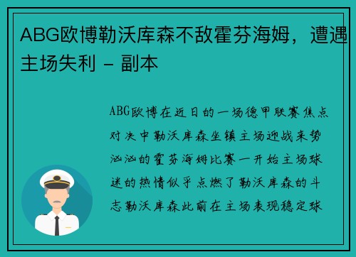 ABG欧博勒沃库森不敌霍芬海姆，遭遇主场失利 - 副本