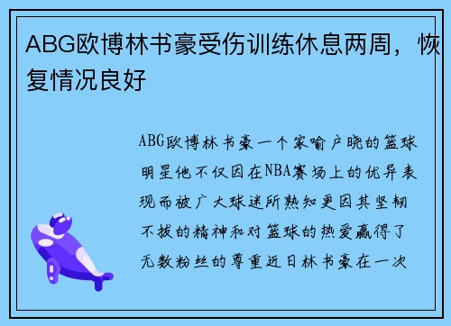 ABG欧博林书豪受伤训练休息两周，恢复情况良好